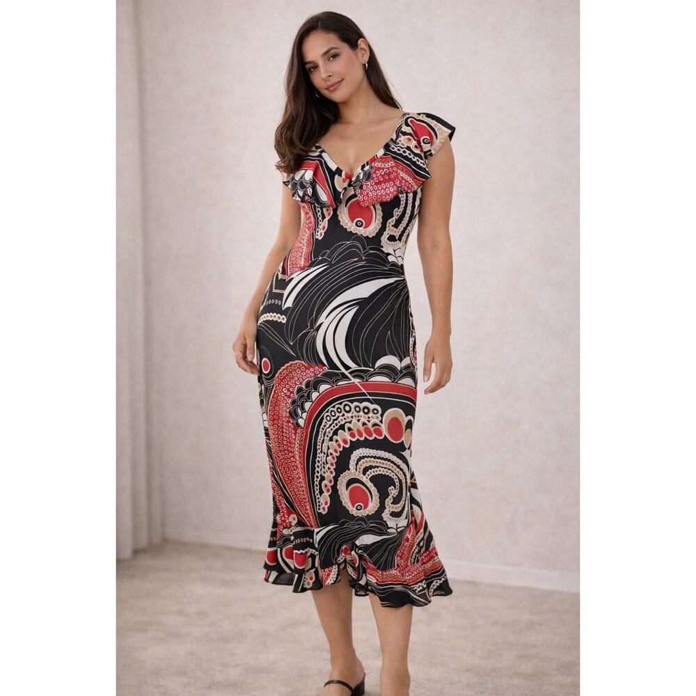 Black Red Abstract Print Dress Ruffle Hem 90s Y2K Midi Large Feminine Romantic
